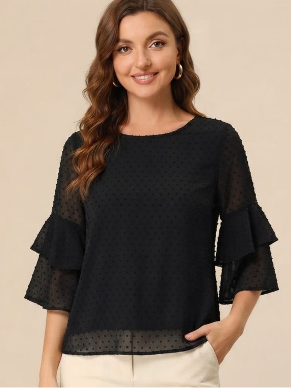 Chic Black Textured Blouse with Ruffle Sleeves